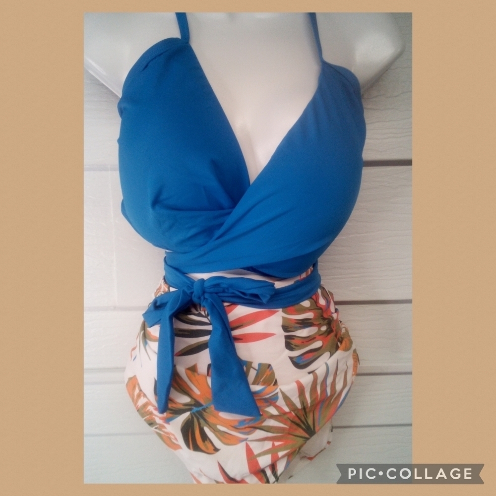 Blue top floral bottom briefs two-piece swimsuit.34 - Picture 8 of 8